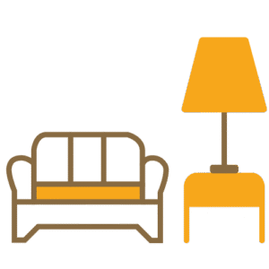 Eine stilisierte Illustration zeigt ein Sofa neben einem kleinen Tisch mit einer Lampe darauf.
