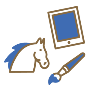 Eine grafische Darstellung zeigt ein Pferdekopf‑Symbol, einen Pinsel und ein Tablet.