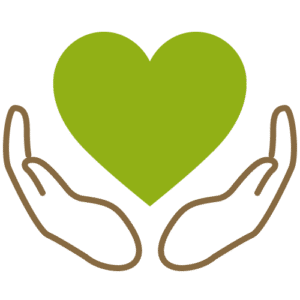 Eine Illustration zeigt zwei geöffnete Hände, die ein grünes Herz halten.